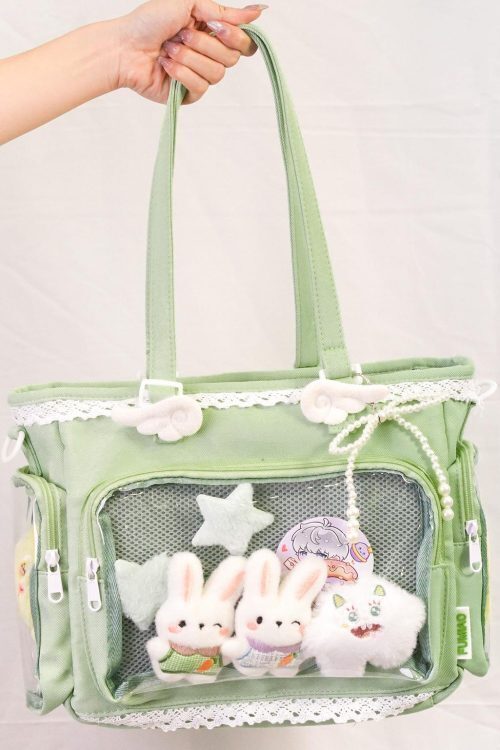 Multicolored Kawaii Ita Shoulder Bag with Clear Window for Plushies and Pins