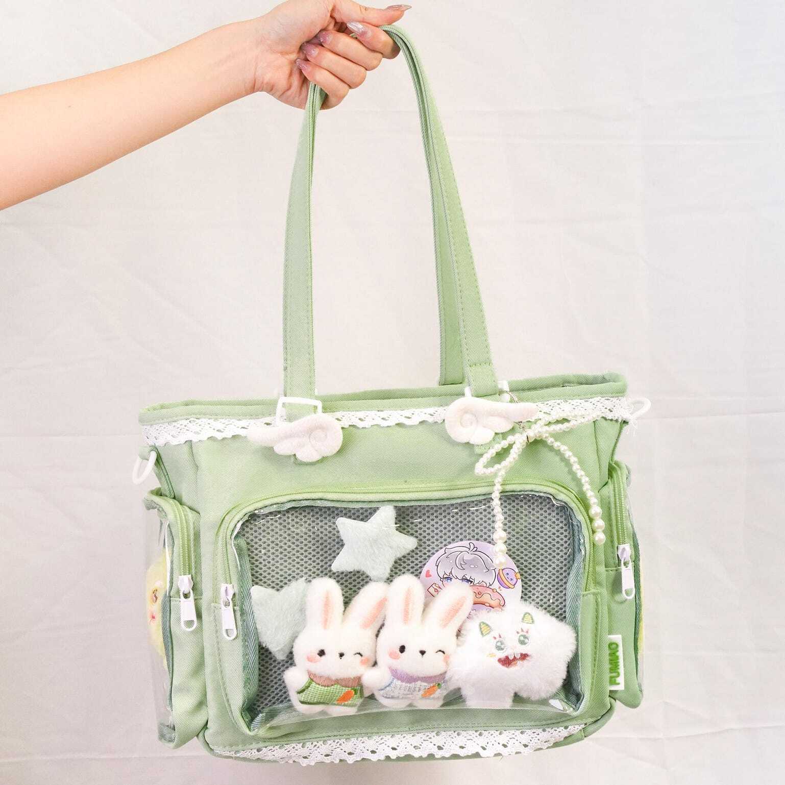 Multicolored Kawaii Ita Shoulder Bag with Clear Window for Plushies and Pins Multicolored Kawaii Ita Shoulder Bag with Clear Window for Plushies and Pins