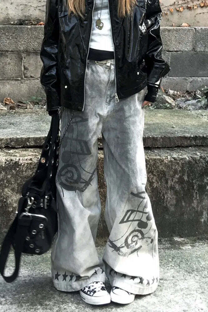 Music Note Print Vintage Jeans