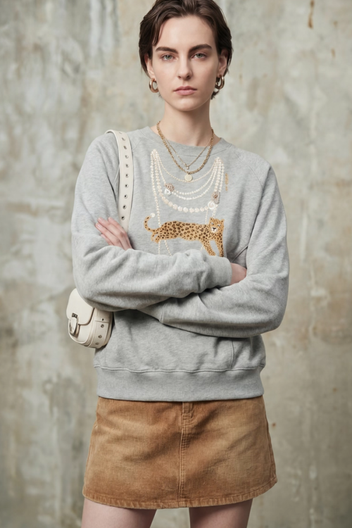 Necklace Design Knit Top / Denim Belt Skirt