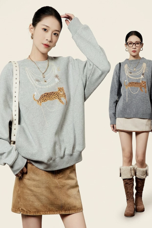 Necklace Design Knit Top / Denim Belt Skirt