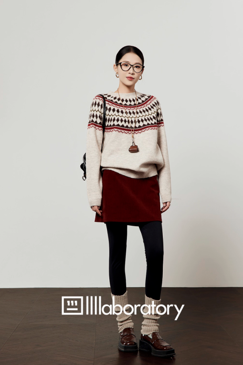 Nordic Crew Neck Knit / Suede Mini Skirt