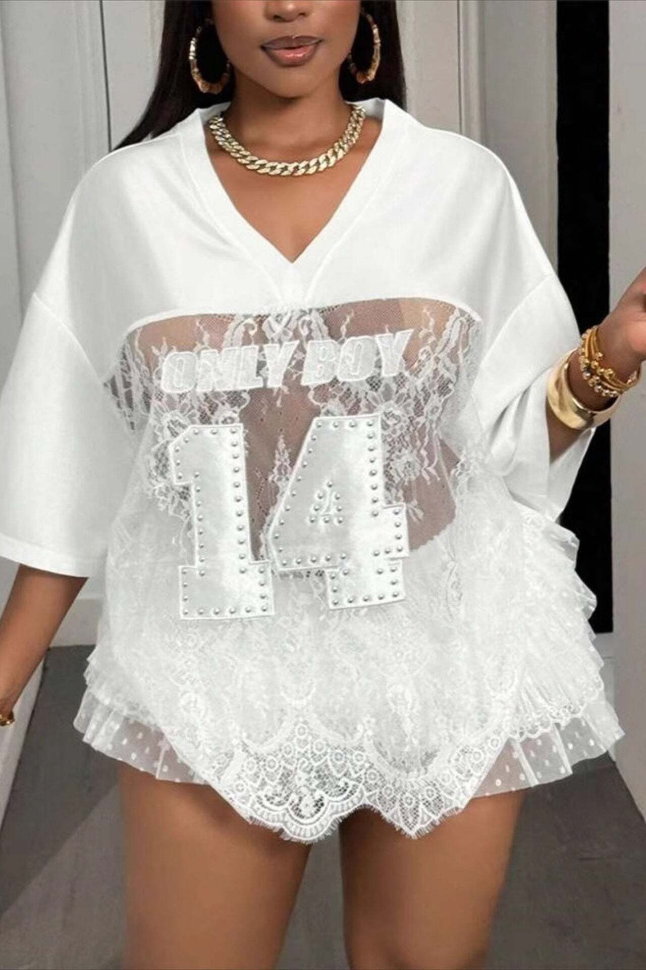 Number Print Loose Street Sheer Lace T-shirt Number Print Loose Street Sheer Lace T-shirt