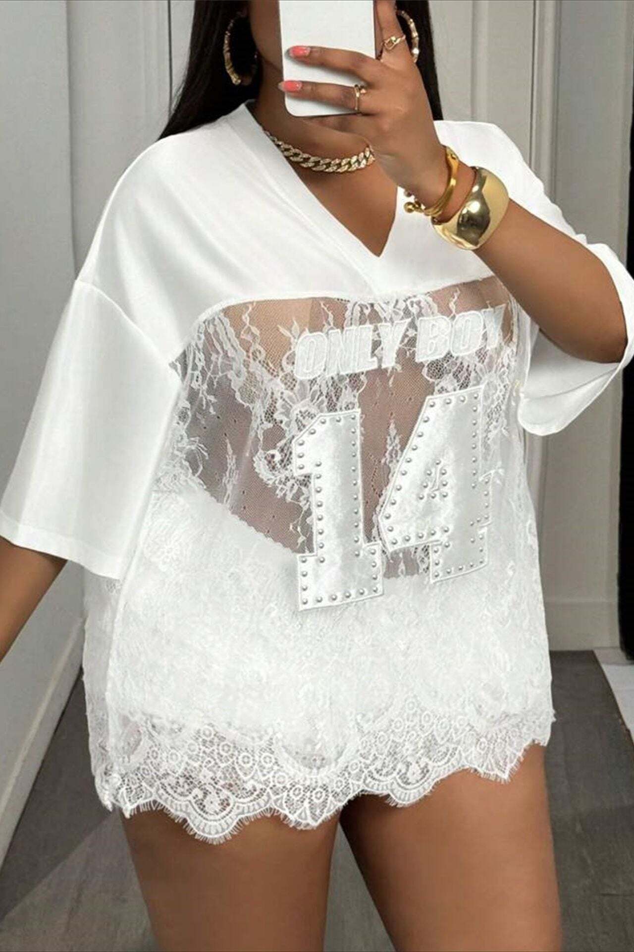 Number Print Loose Street Sheer Lace T-shirt Number Print Loose Street Sheer Lace T-shirt