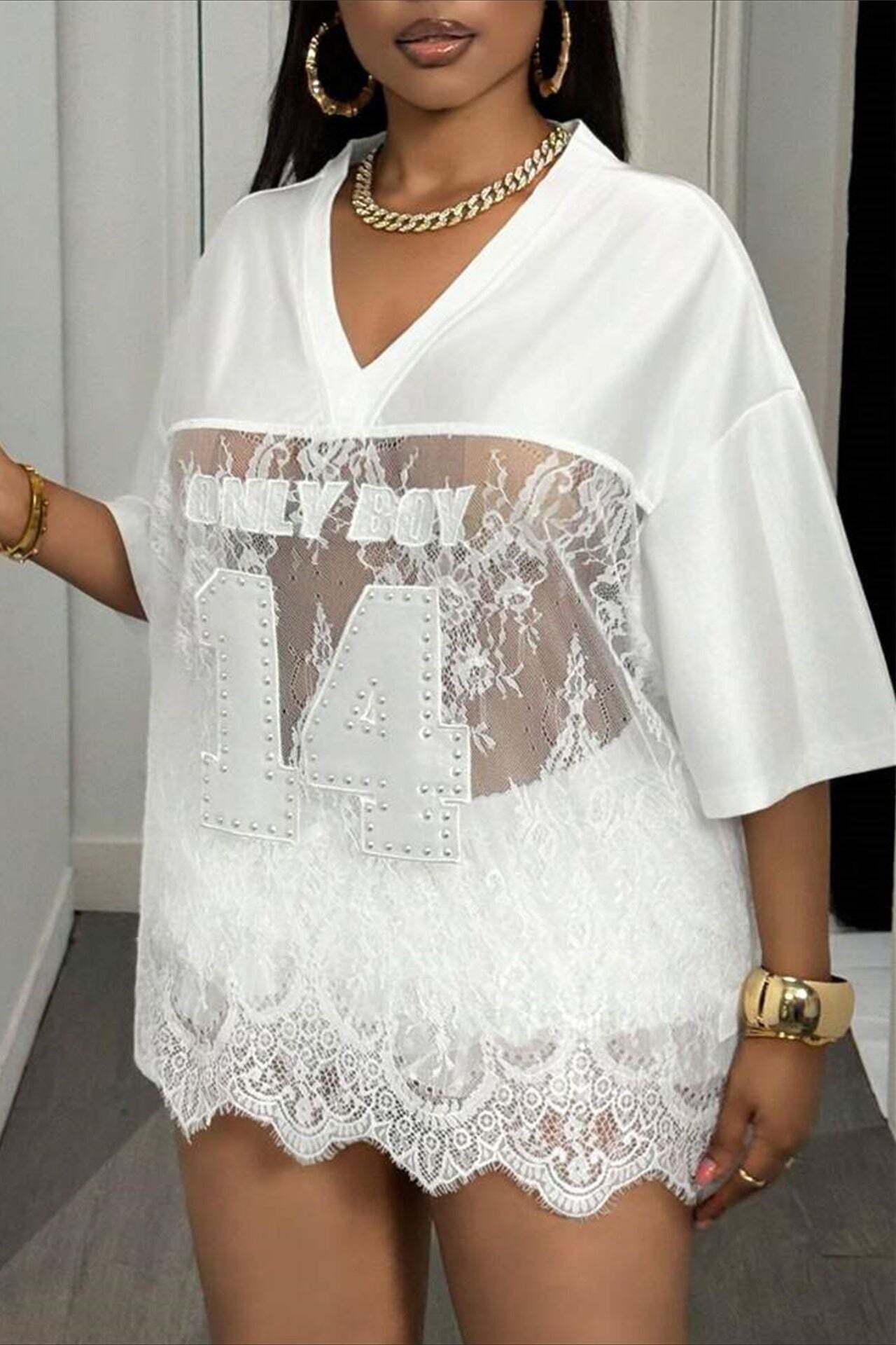 Number Print Loose Street Sheer Lace T-shirt