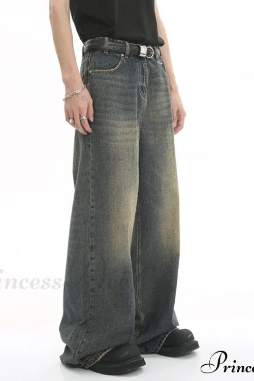 Old Male Pants Summer Blue Washed Denim Casual Menwear Wide Leg Trousers 2024 New Fashion Jeans