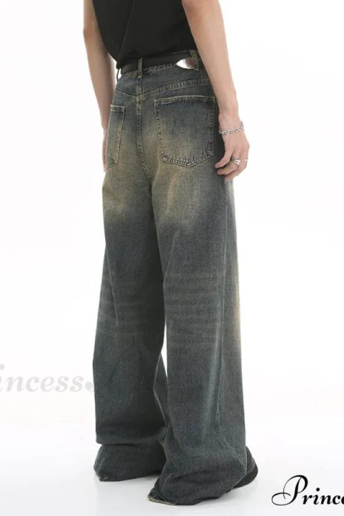 Old Male Pants Summer Blue Washed Denim Casual Menwear Wide Leg Trousers 2024 New Fashion Jeans