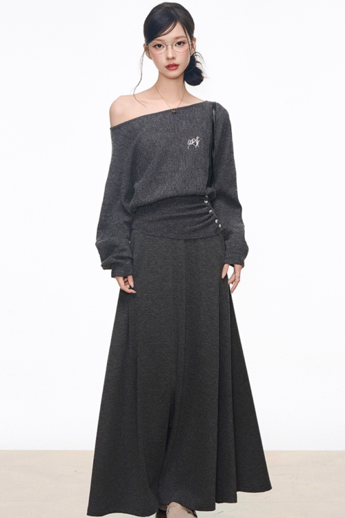 One-Shoulder Long-Sleeve Top / Wide Pants / Relaxed Long Skirt