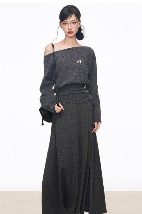 One-Shoulder Long-Sleeve Top / Wide Pants / Relaxed Long Skirt