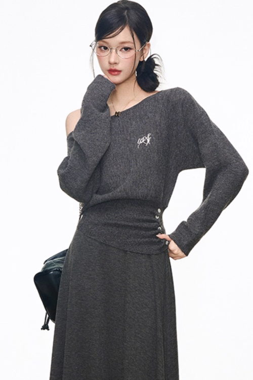 One-Shoulder Long-Sleeve Top / Wide Pants / Relaxed Long Skirt