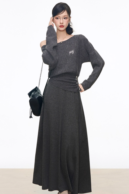 One-Shoulder Long-Sleeve Top / Wide Pants / Relaxed Long Skirt