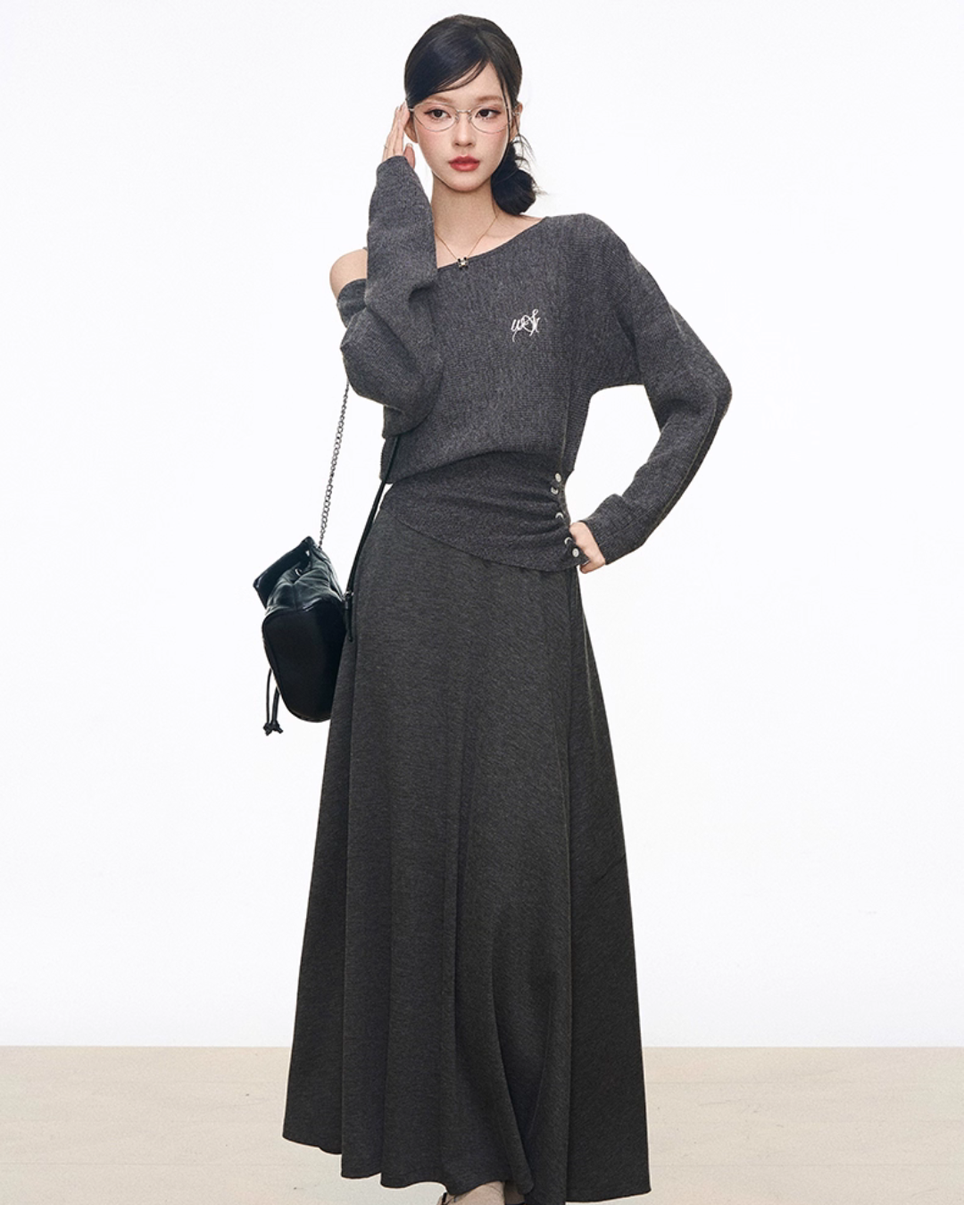 One-Shoulder Long-Sleeve Top / Wide Pants / Relaxed Long Skirt