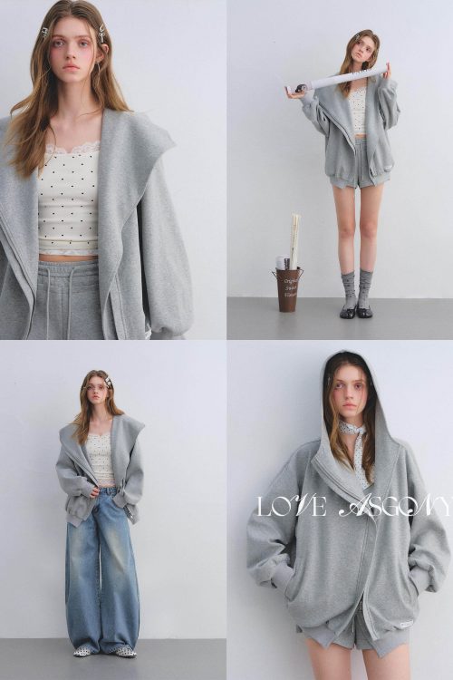 Oversized Collar Zip-Up Hoodie / Flare Sweatpants