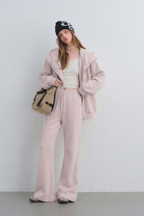 Oversized Collar Zip-Up Hoodie / Flare Sweatpants