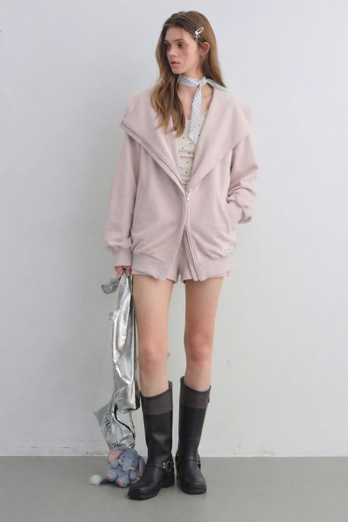 Oversized Collar Zip-Up Hoodie / Flare Sweatpants