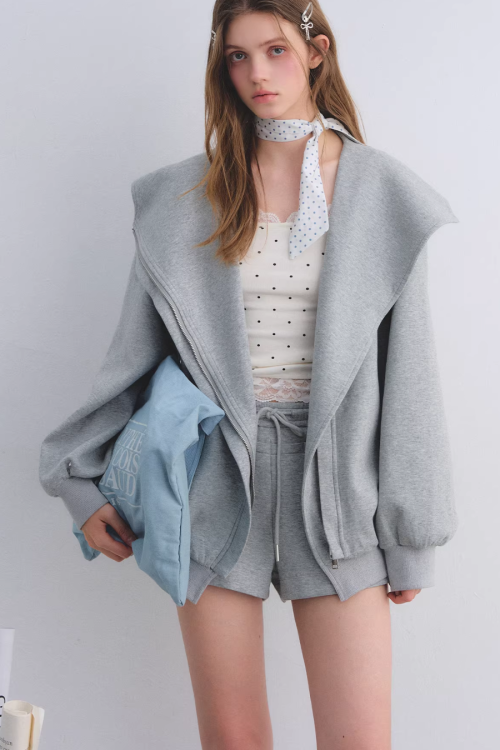 Oversized Collar Zip-Up Hoodie / Flare Sweatpants