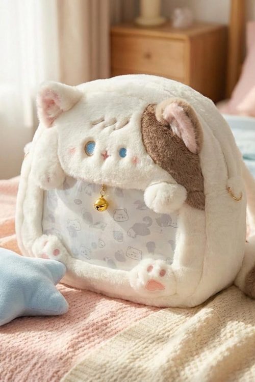 Pastel Kawaii Cat Ita Backpack with Clear Window for Plushies and Pins