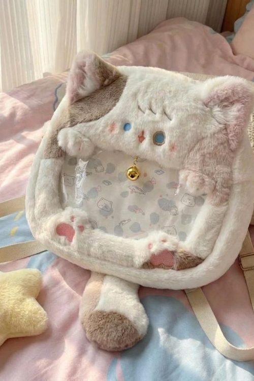 Pastel Kawaii Cat Ita Backpack with Clear Window for Plushies and Pins