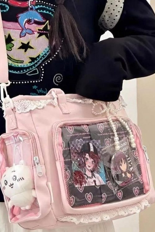 Pastel Kawaii Ita Shoulder Bag with Clear Window for Photocards and Pins