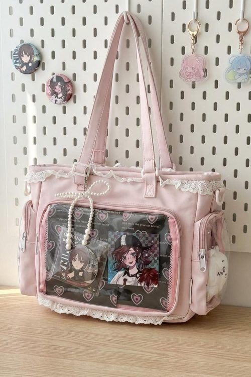 Pastel Kawaii Ita Shoulder Bag with Clear Window for Photocards and Pins