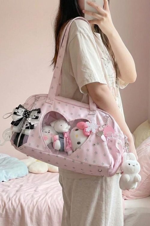 Pastel Kawaii Ita Shoulder Bag with Clear Window for Plushies and Pins