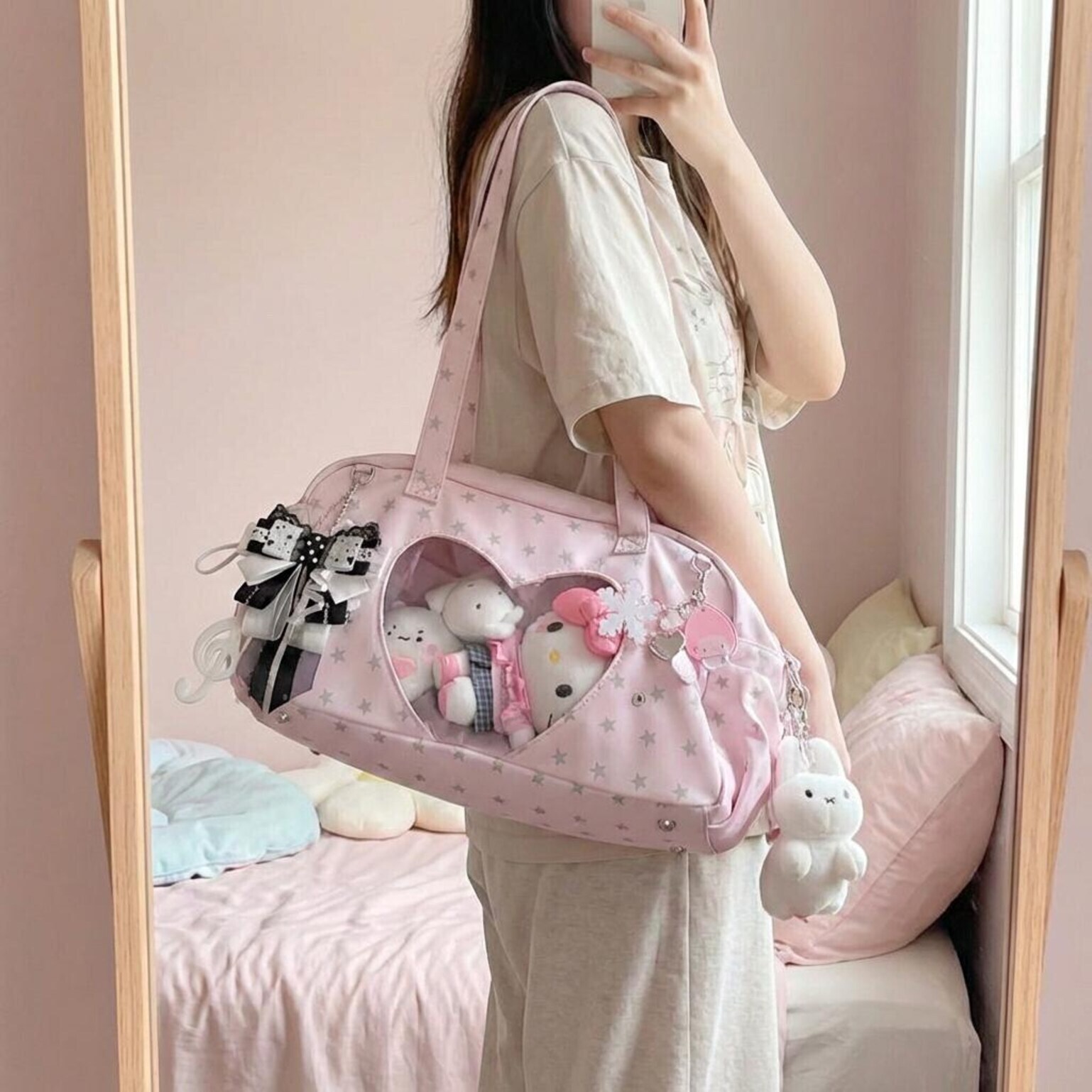 Pastel Kawaii Ita Shoulder Bag with Clear Window for Plushies and Pins Pastel Kawaii Ita Shoulder Bag with Clear Window for Plushies and Pins