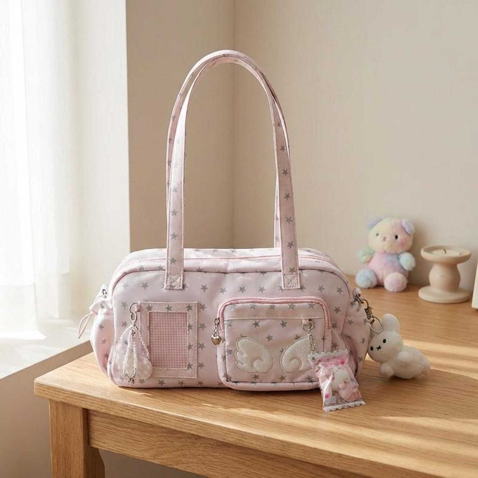 Pastel Kawaii Ita Shoulder Bag with Clear Window for Plushies and Pins Pastel Kawaii Ita Shoulder Bag with Clear Window for Plushies and Pins