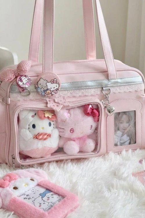 Pastel Kawaii Ita Shoulder Bag with Clear Window for Plushies and Pins