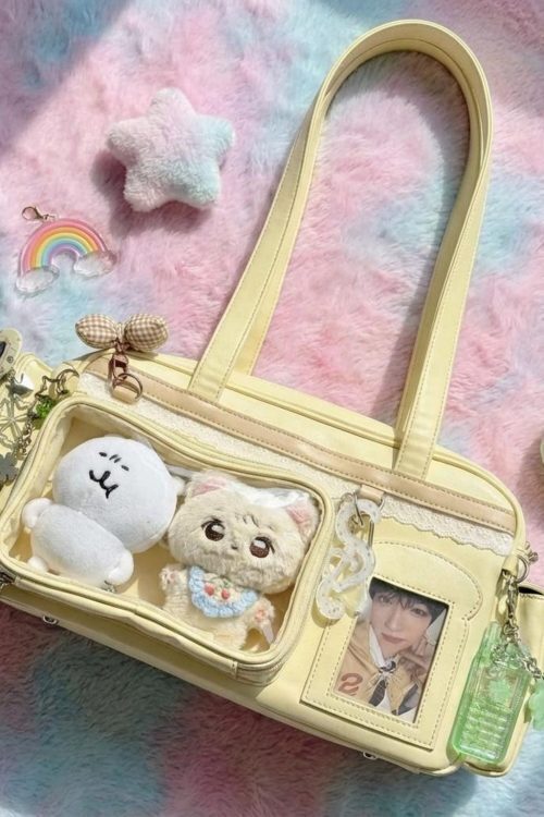 Pastel Kawaii Ita Shoulder Bag with Clear Window for Plushies and Pins