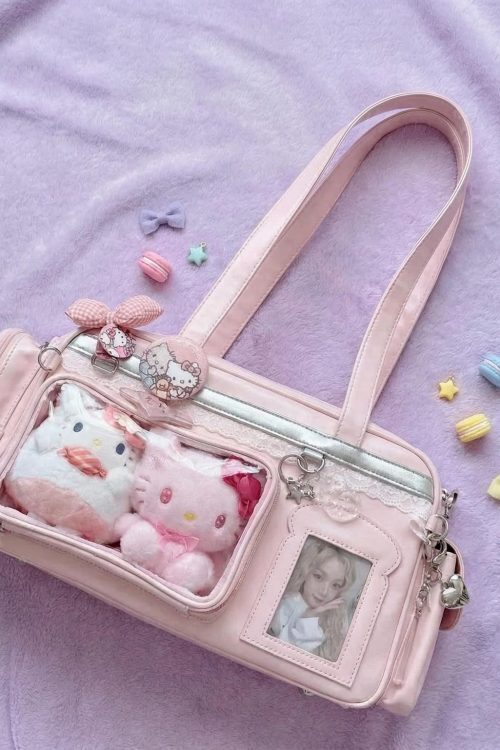 Pastel Kawaii Ita Shoulder Bag with Clear Window for Plushies and Pins