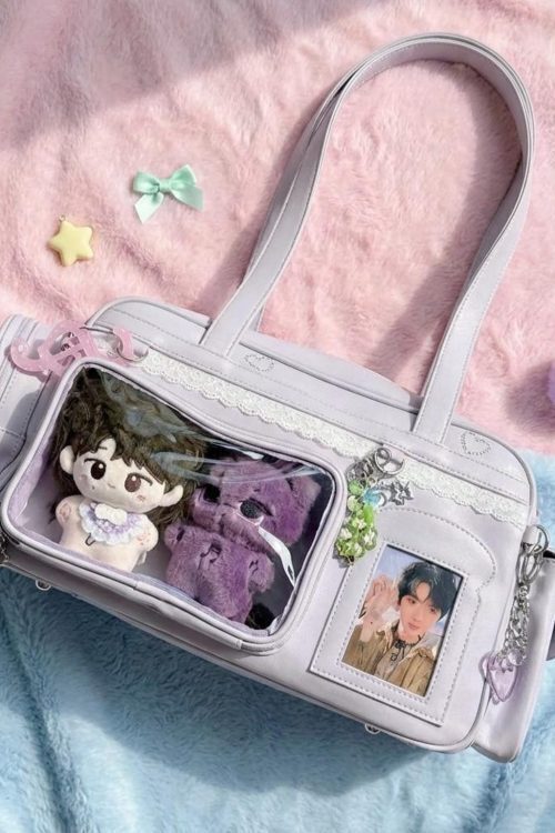 Pastel Kawaii Ita Shoulder Bag with Clear Window for Plushies and Pins