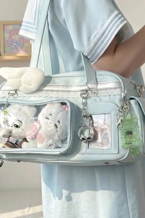 Pastel Kawaii Ita Shoulder Bag with Clear Window for Plushies and Pins