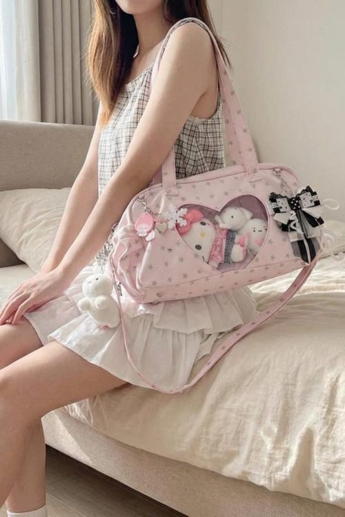 Pastel Kawaii Ita Shoulder Bag with Clear Window for Plushies and Pins