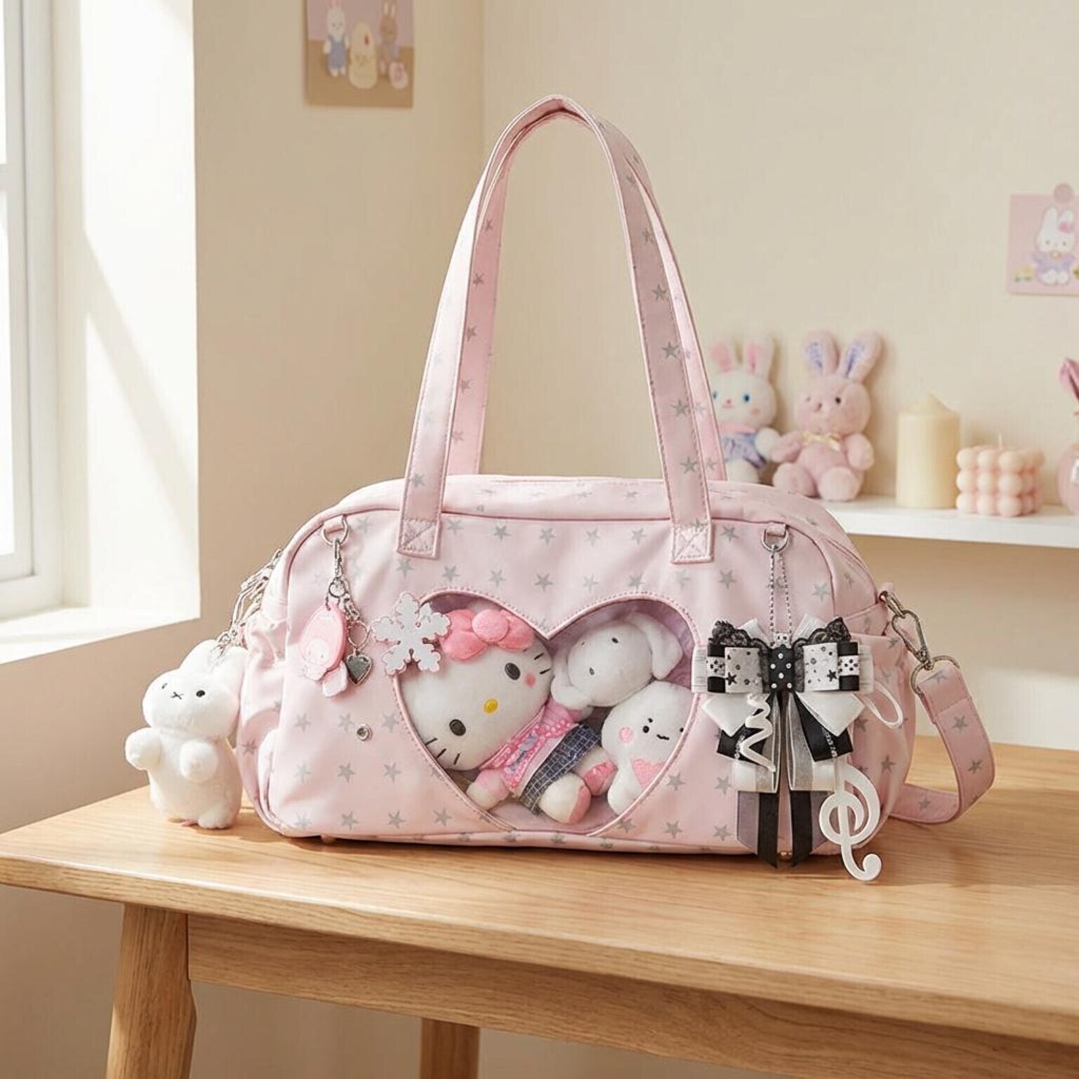 Pastel Kawaii Ita Shoulder Bag with Clear Window for Plushies and Pins Pastel Kawaii Ita Shoulder Bag with Clear Window for Plushies and Pins