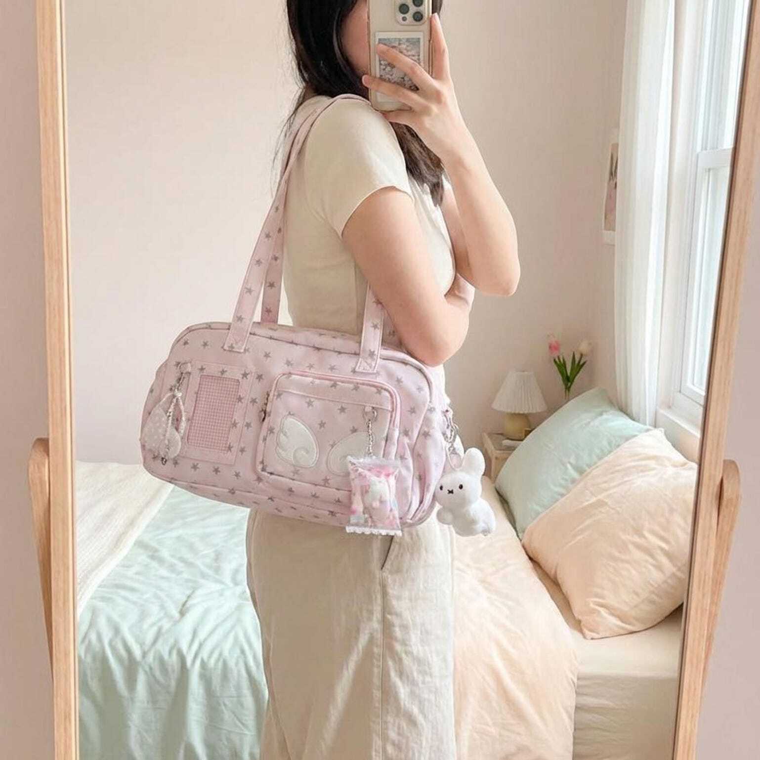 Pastel Kawaii Ita Shoulder Bag with Clear Window for Plushies and Pins Pastel Kawaii Ita Shoulder Bag with Clear Window for Plushies and Pins