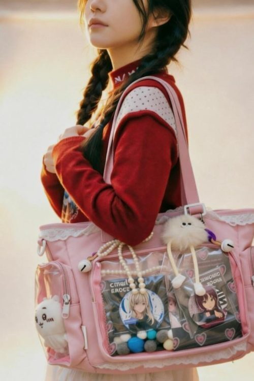 Pastel Kawaii Ita Shoulder Bag with Clear Window for Plushies and Pins