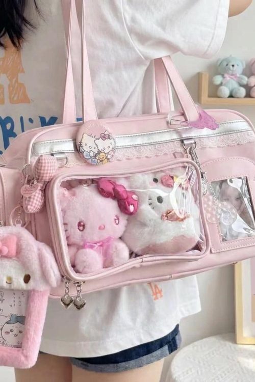 Pastel Kawaii Ita Shoulder Bag with Clear Window for Plushies and Pins