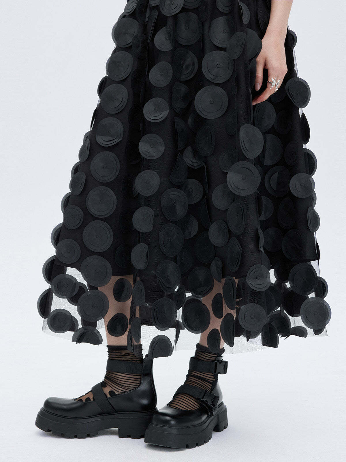 Patch Embroidered Flared Mesh Skirt Patch Embroidered Flared Mesh Skirt