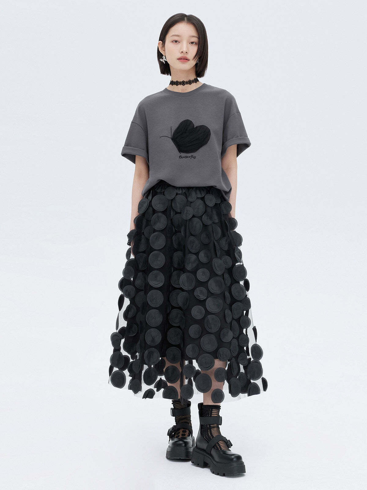 Patch Embroidered Flared Mesh Skirt Patch Embroidered Flared Mesh Skirt