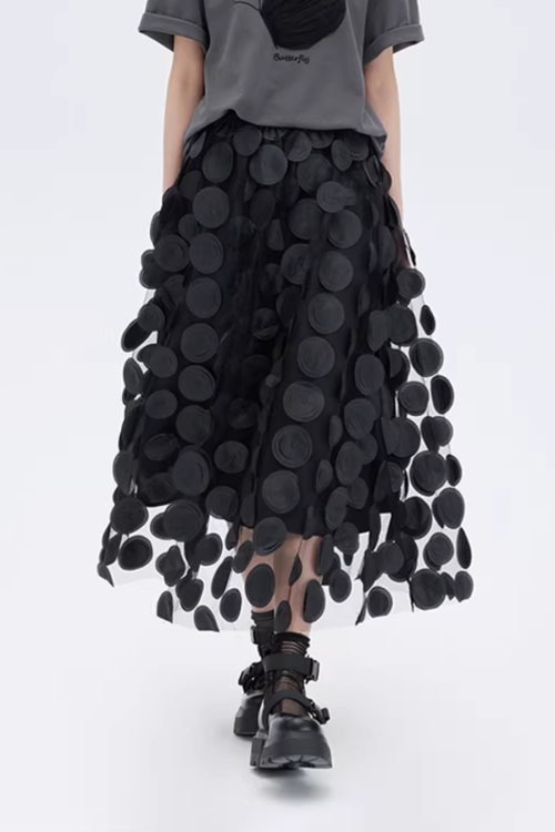 Patch Embroidered Flared Mesh Skirt