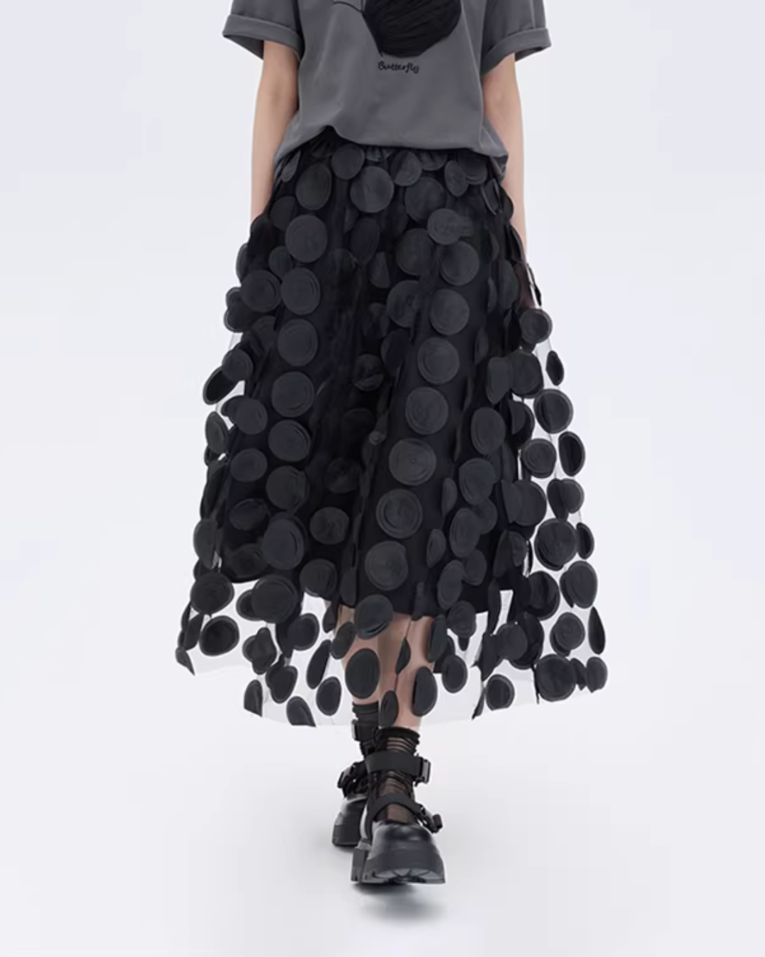 Patch Embroidered Flared Mesh Skirt Patch Embroidered Flared Mesh Skirt