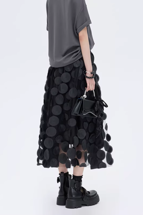 Patch Embroidered Flared Mesh Skirt