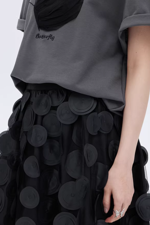 Patch Embroidered Flared Mesh Skirt