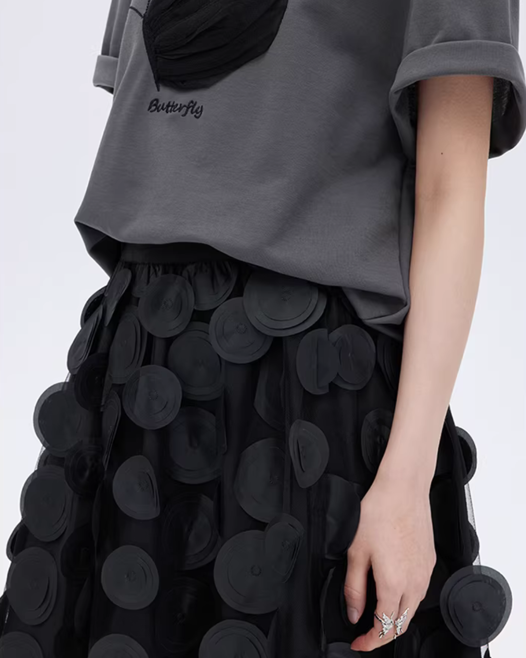 Patch Embroidered Flared Mesh Skirt Patch Embroidered Flared Mesh Skirt