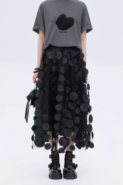 Patch Embroidered Flared Mesh Skirt