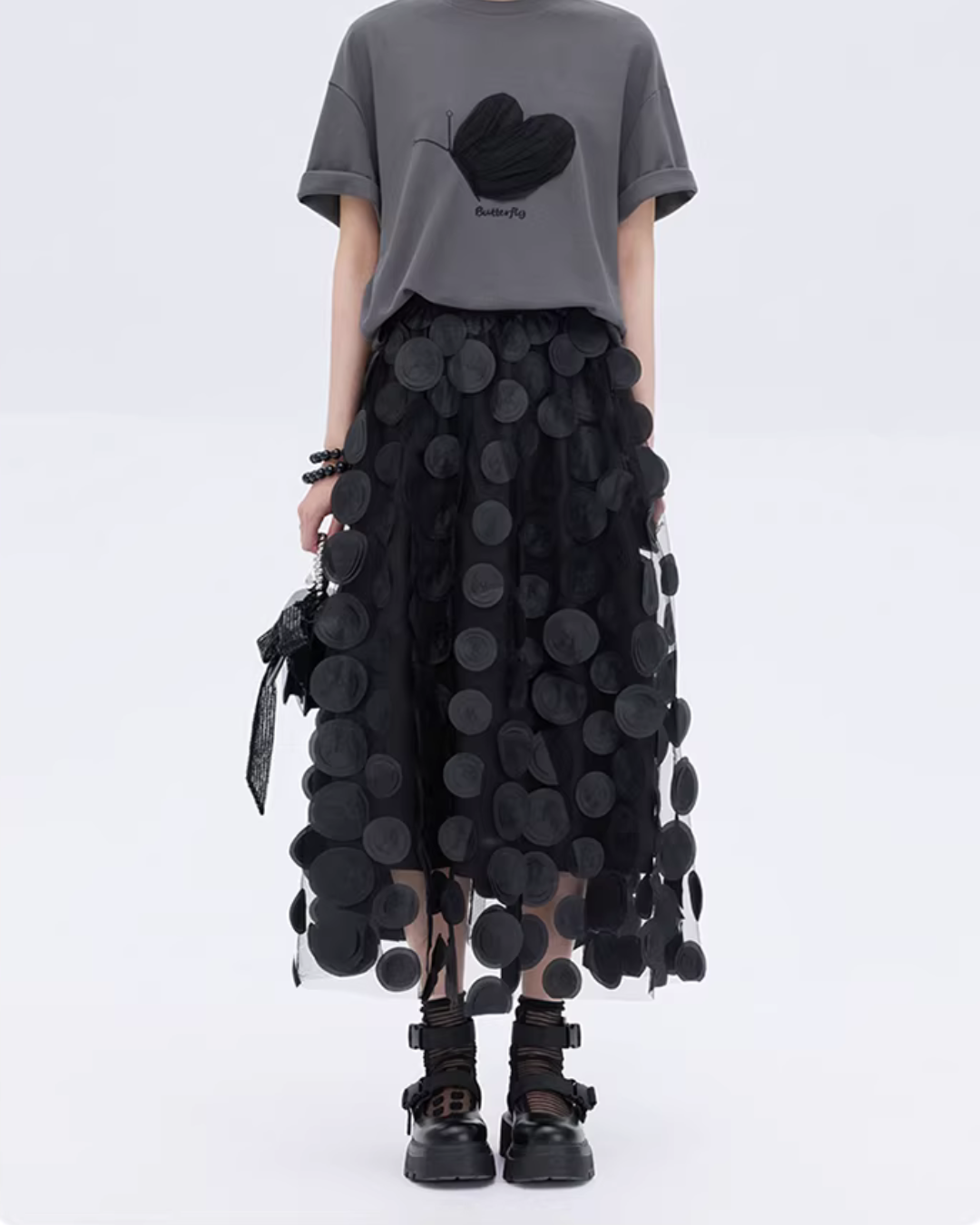 Patch Embroidered Flared Mesh Skirt Patch Embroidered Flared Mesh Skirt