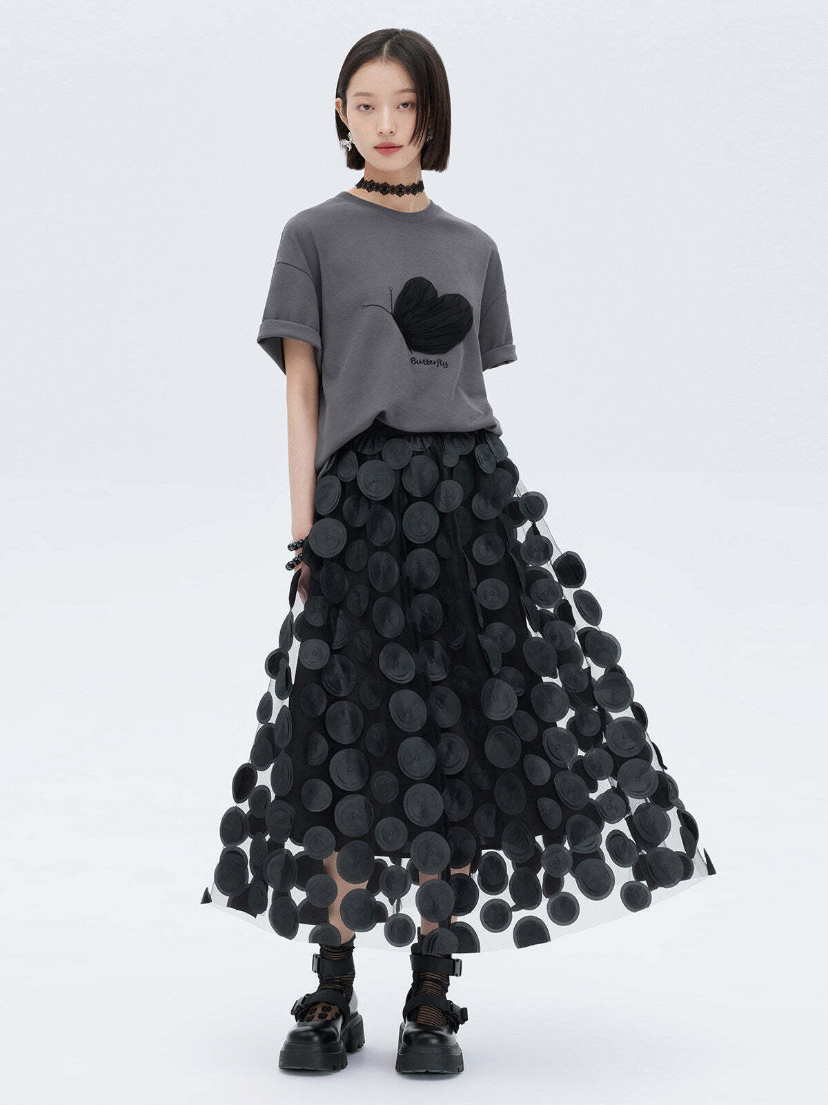 Patch Embroidered Flared Mesh Skirt Patch Embroidered Flared Mesh Skirt