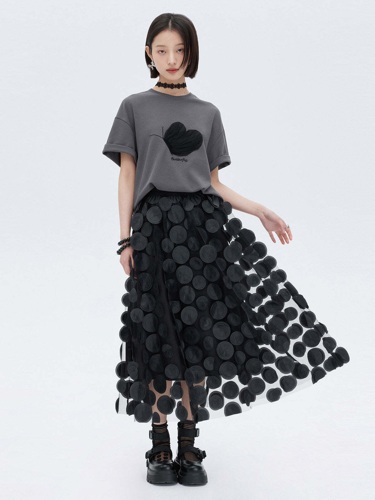 Patch Embroidered Flared Mesh Skirt