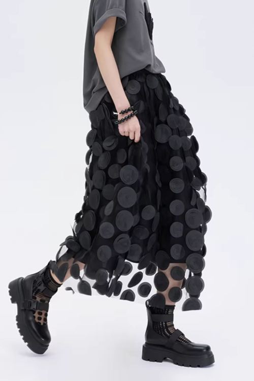 Patch Embroidered Flared Mesh Skirt