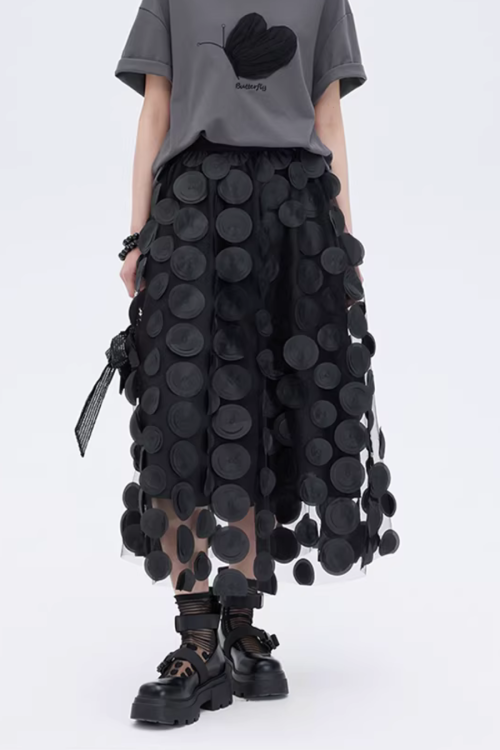 Patch Embroidered Flared Mesh Skirt